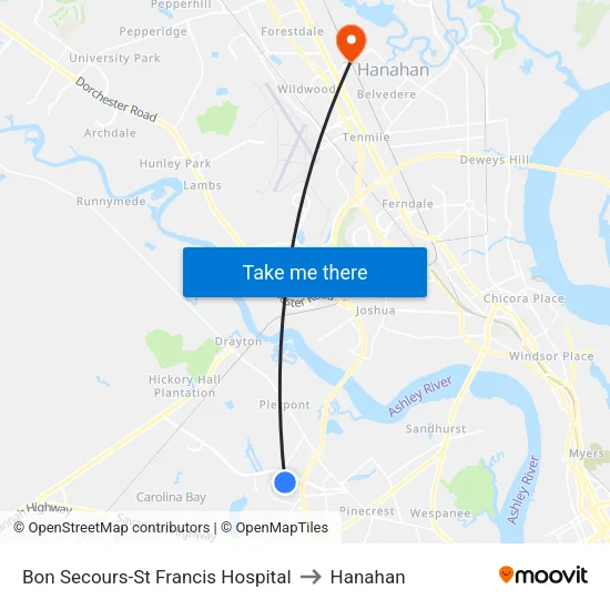 Bon Secours-St Francis Hospital to Hanahan map