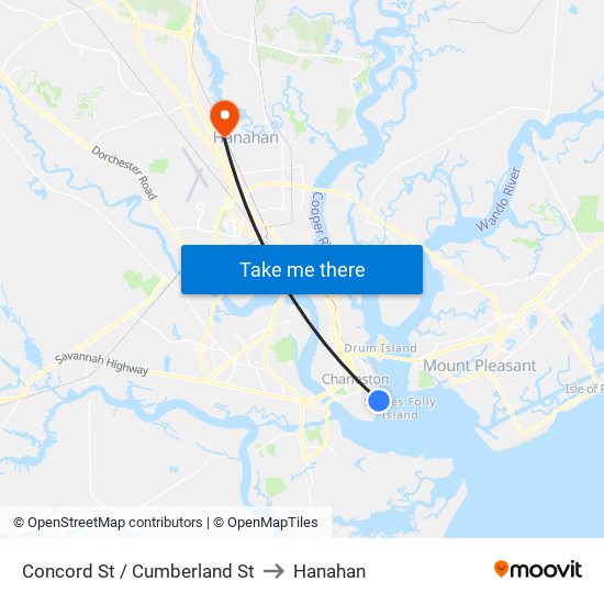 Concord St / Cumberland St to Hanahan map