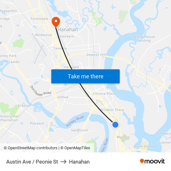 Austin Ave / Peonie St to Hanahan map