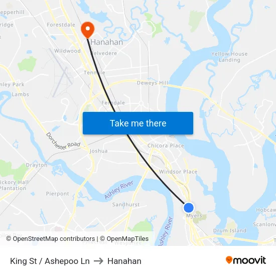 King St / Ashepoo Ln to Hanahan map