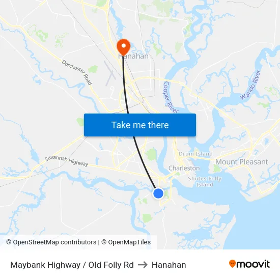Maybank Highway / Old Folly Rd to Hanahan map
