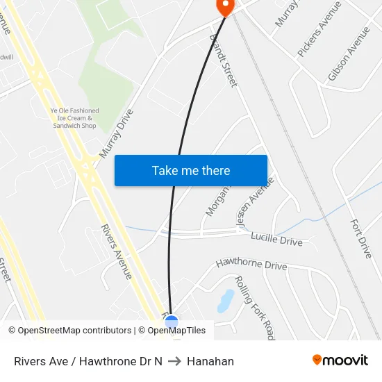 Rivers Ave / Hawthrone Dr N to Hanahan map