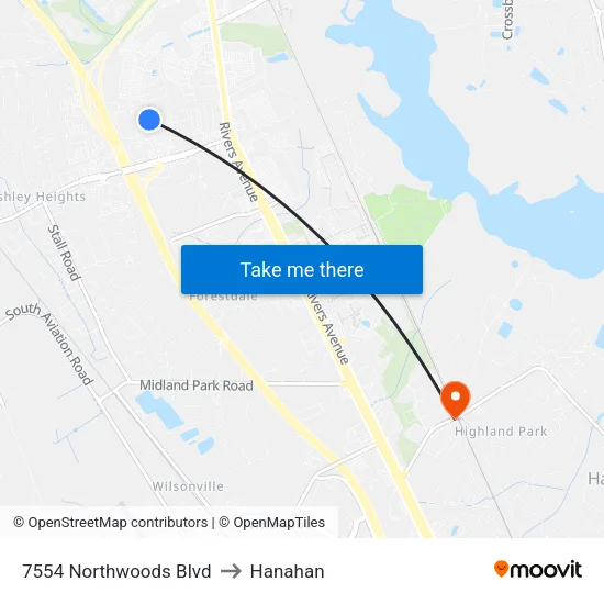 7554 Northwoods Blvd to Hanahan map