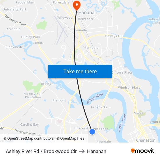 Ashley River Rd / Brookwood Cir to Hanahan map