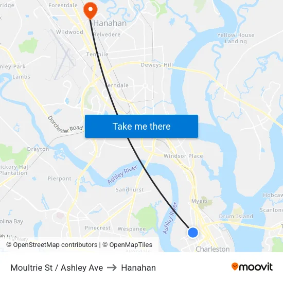 Moultrie St / Ashley Ave to Hanahan map