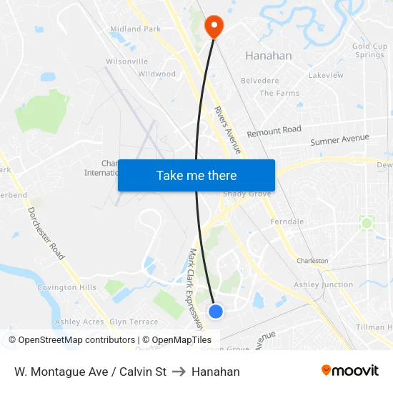 W. Montague Ave / Calvin St to Hanahan map