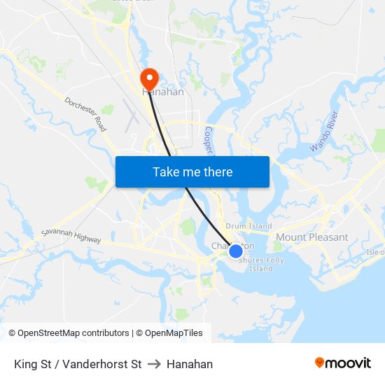 King St / Vanderhorst St to Hanahan map