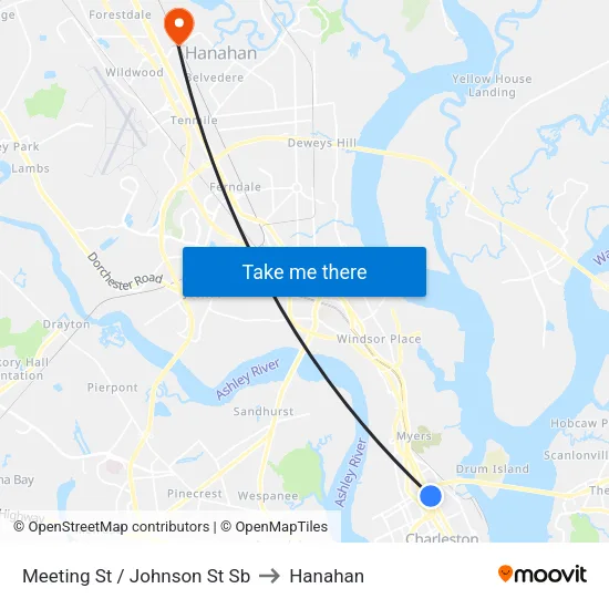 Meeting St / Johnson St Sb to Hanahan map