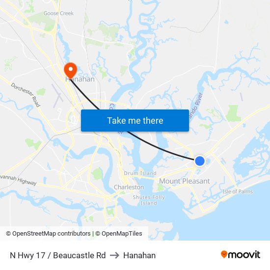 N Hwy 17 / Beaucastle Rd to Hanahan map