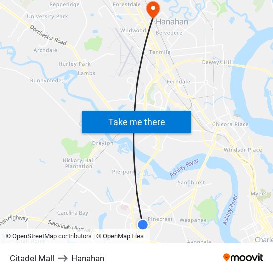 Citadel Mall to Hanahan map