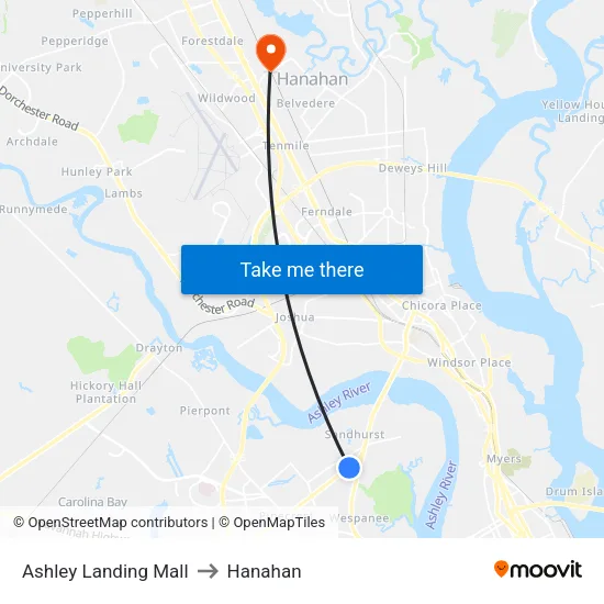 Ashley Landing Mall to Hanahan map