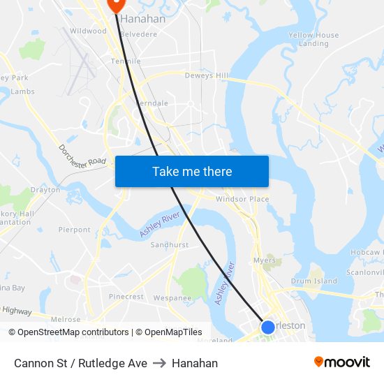 Cannon St / Rutledge Ave to Hanahan map