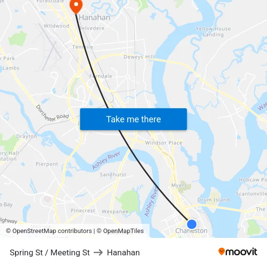 Spring St / Meeting St to Hanahan map