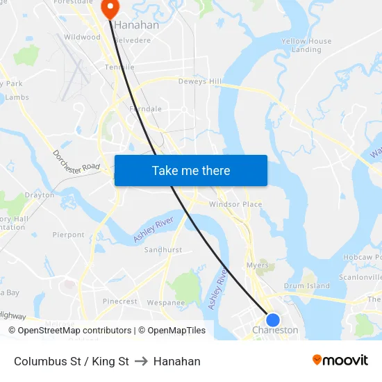 Columbus St / King St to Hanahan map