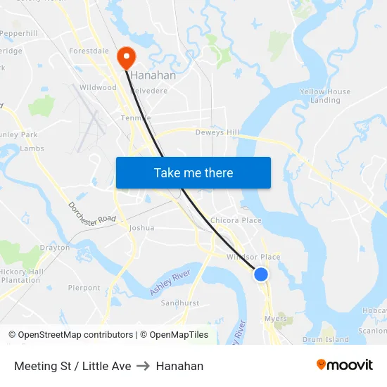Meeting St / Little Ave to Hanahan map