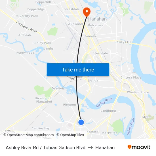 Ashley River Rd / Tobias Gadson Blvd to Hanahan map