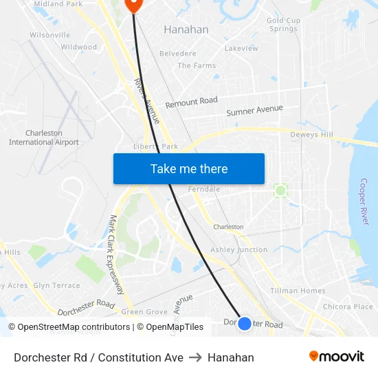 Dorchester Rd / Constitution Ave to Hanahan map