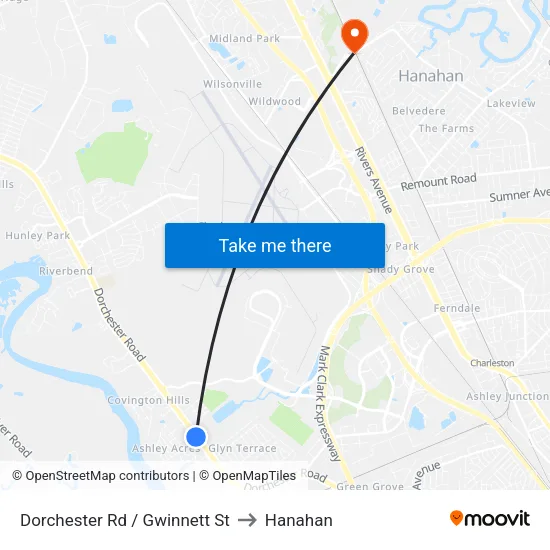 Dorchester Rd / Gwinnett St to Hanahan map
