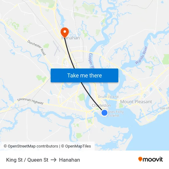 King St / Queen St to Hanahan map