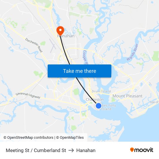 Meeting St / Cumberland St to Hanahan map