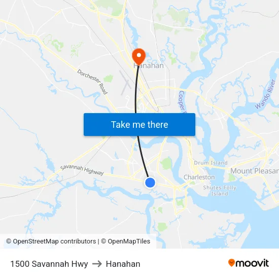 1500 Savannah Hwy to Hanahan map
