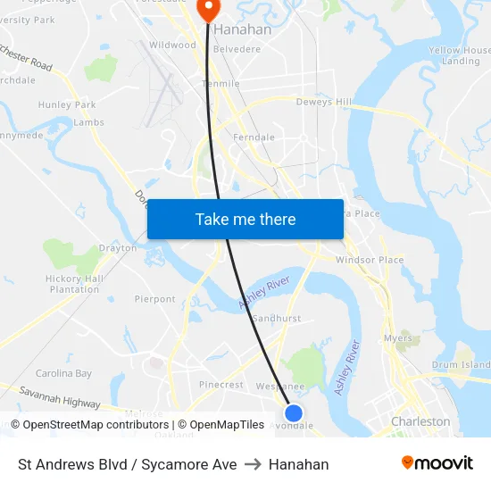 St Andrews Blvd / Sycamore Ave to Hanahan map