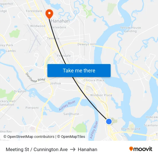 Meeting St / Cunnington Ave to Hanahan map
