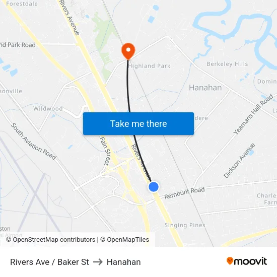 Rivers Ave / Baker St to Hanahan map