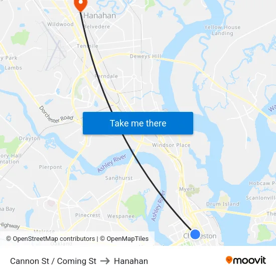 Cannon St / Coming St to Hanahan map