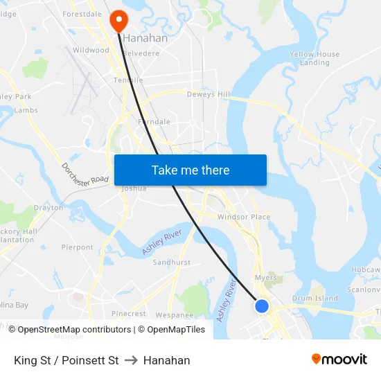 King St / Poinsett St to Hanahan map