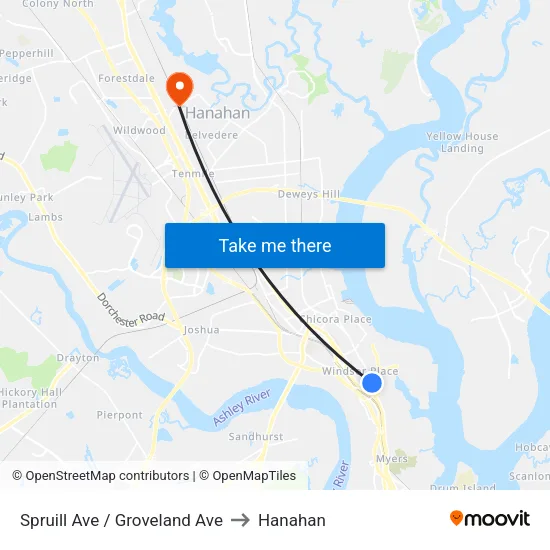 Spruill Ave / Groveland Ave to Hanahan map