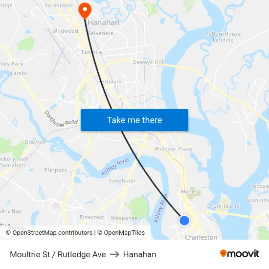 Moultrie St / Rutledge Ave to Hanahan map