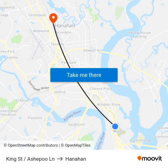 King St / Ashepoo Ln to Hanahan map
