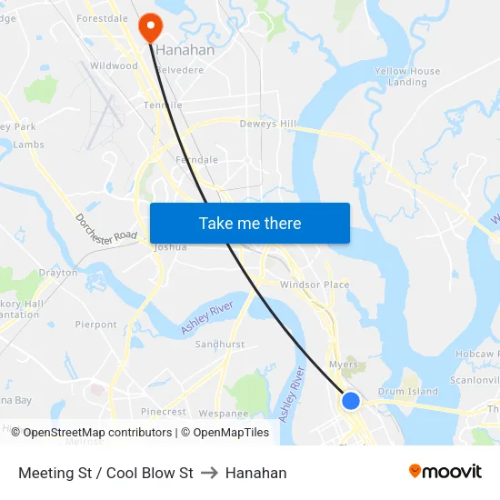 Meeting St / Cool Blow St to Hanahan map
