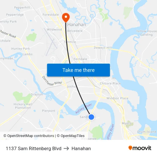 1137 Sam Rittenberg Blvd to Hanahan map