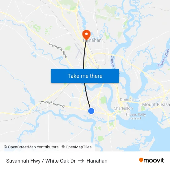 Savannah Hwy / White Oak Dr to Hanahan map