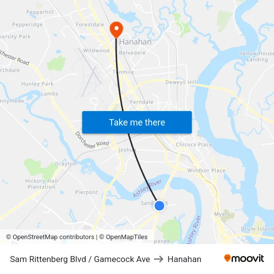 Sam Rittenberg Blvd / Gamecock Ave to Hanahan map