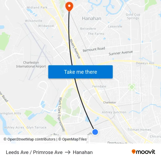 Leeds Ave / Primrose Ave to Hanahan map