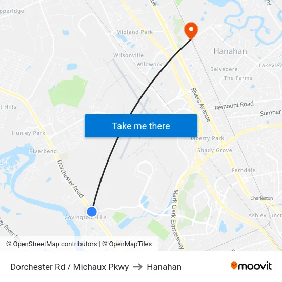 Dorchester Rd / Michaux Pkwy to Hanahan map