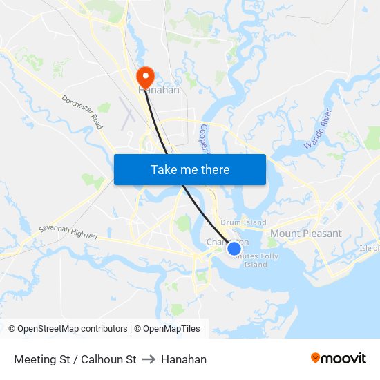 Meeting St / Calhoun St to Hanahan map