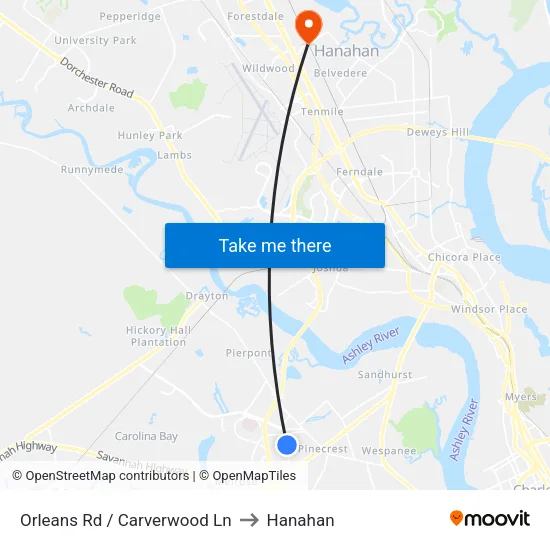 Orleans Rd / Carverwood Ln to Hanahan map