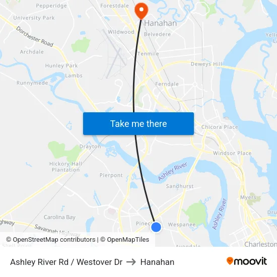 Ashley River Rd / Westover Dr to Hanahan map