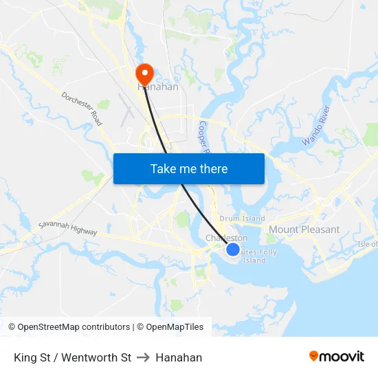 King St / Wentworth St to Hanahan map