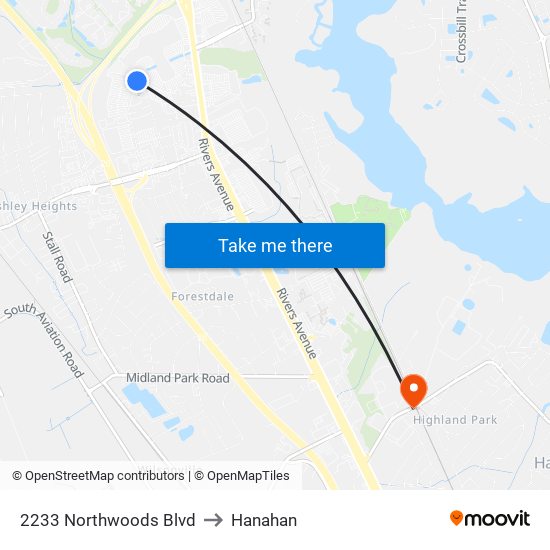 2233 Northwoods Blvd to Hanahan map