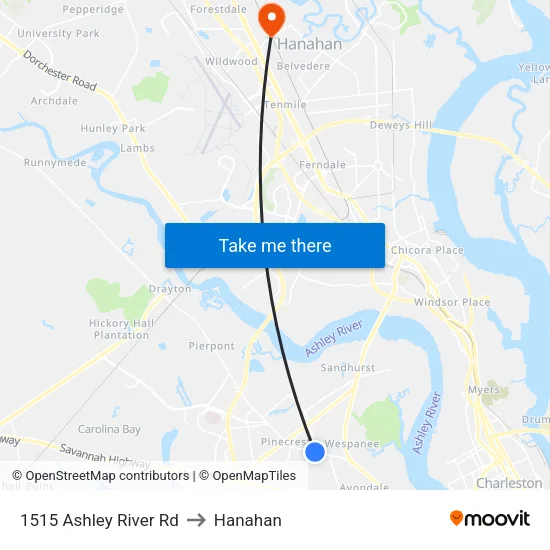 1515 Ashley River Rd to Hanahan map