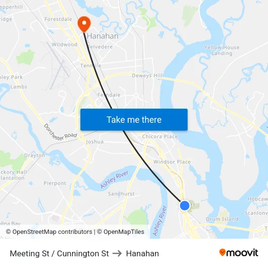 Meeting St / Cunnington St to Hanahan map