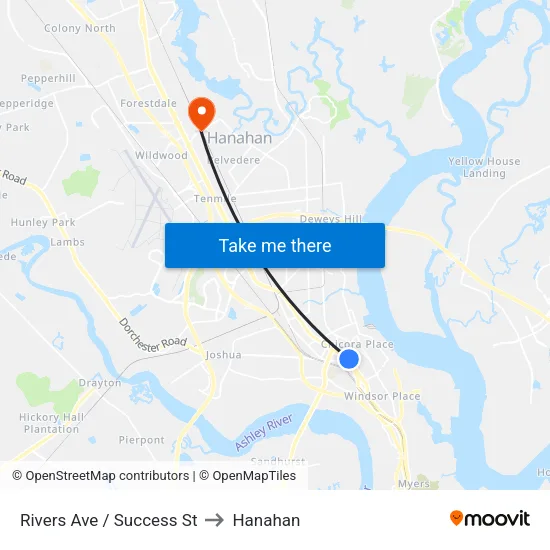 Rivers Ave / Success St to Hanahan map