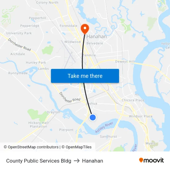 County Public Services Bldg to Hanahan map