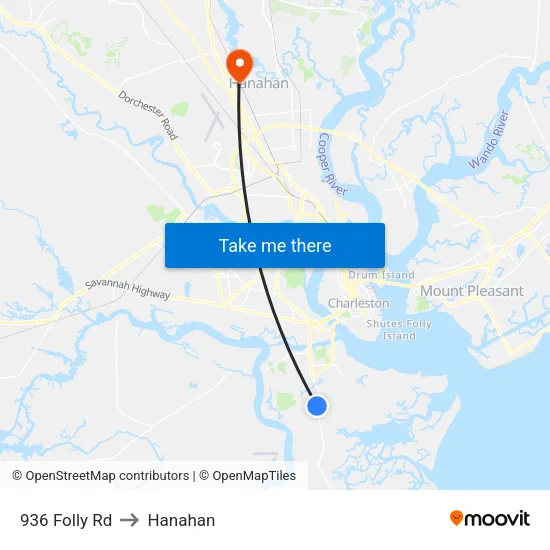 936 Folly Rd to Hanahan map