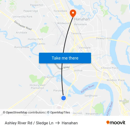 Ashley River Rd / Sledge Ln to Hanahan map